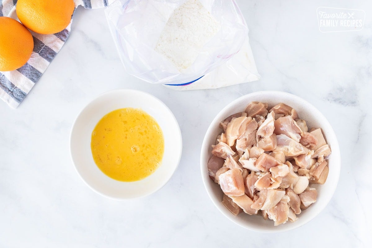 Ziplock bag with corn starch mix, beaten egg and cut up chicken for Orange Chicken.