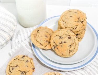 Chocolate Chip Cookies on a plate next to a glass of milk