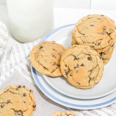 Chocolate Chip Cookies on a plate next to a glass of milk