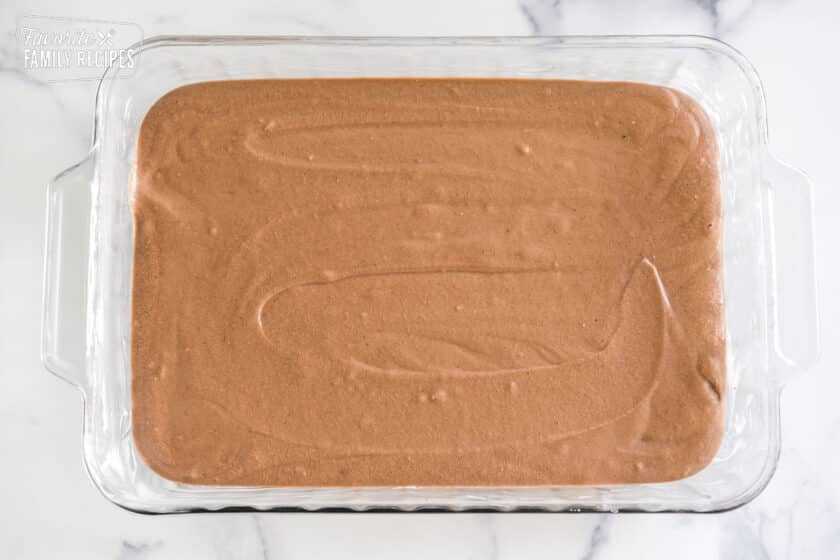 Coca Cola Cake batter in a cake pan
