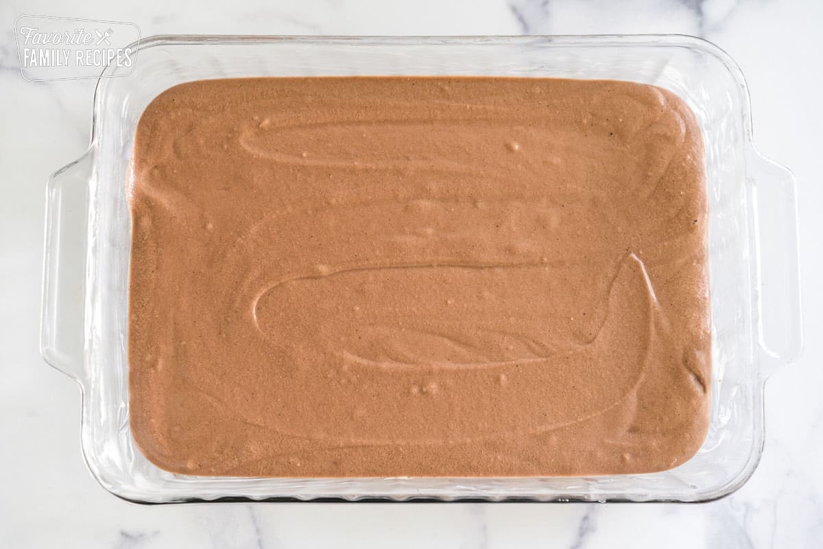 Coca Cola Cake batter in a cake pan