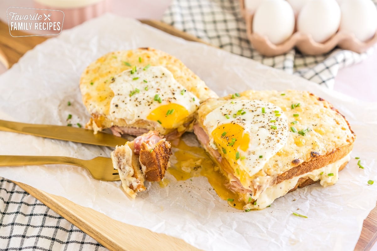 A croque madame sandwich cut in half