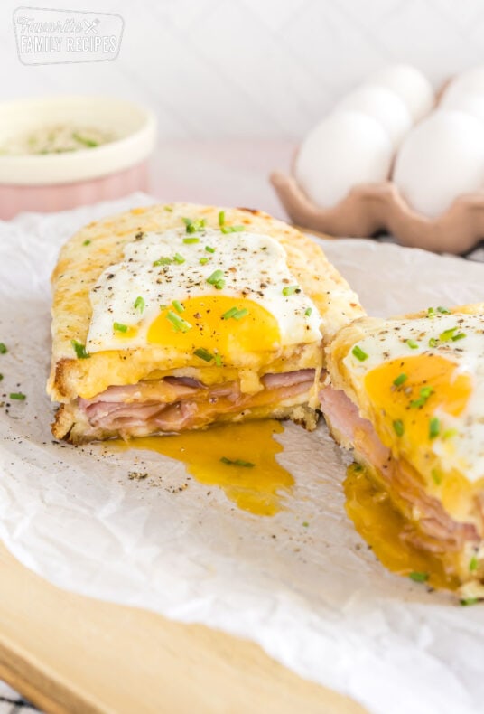 A croque madame sandwich cut in half