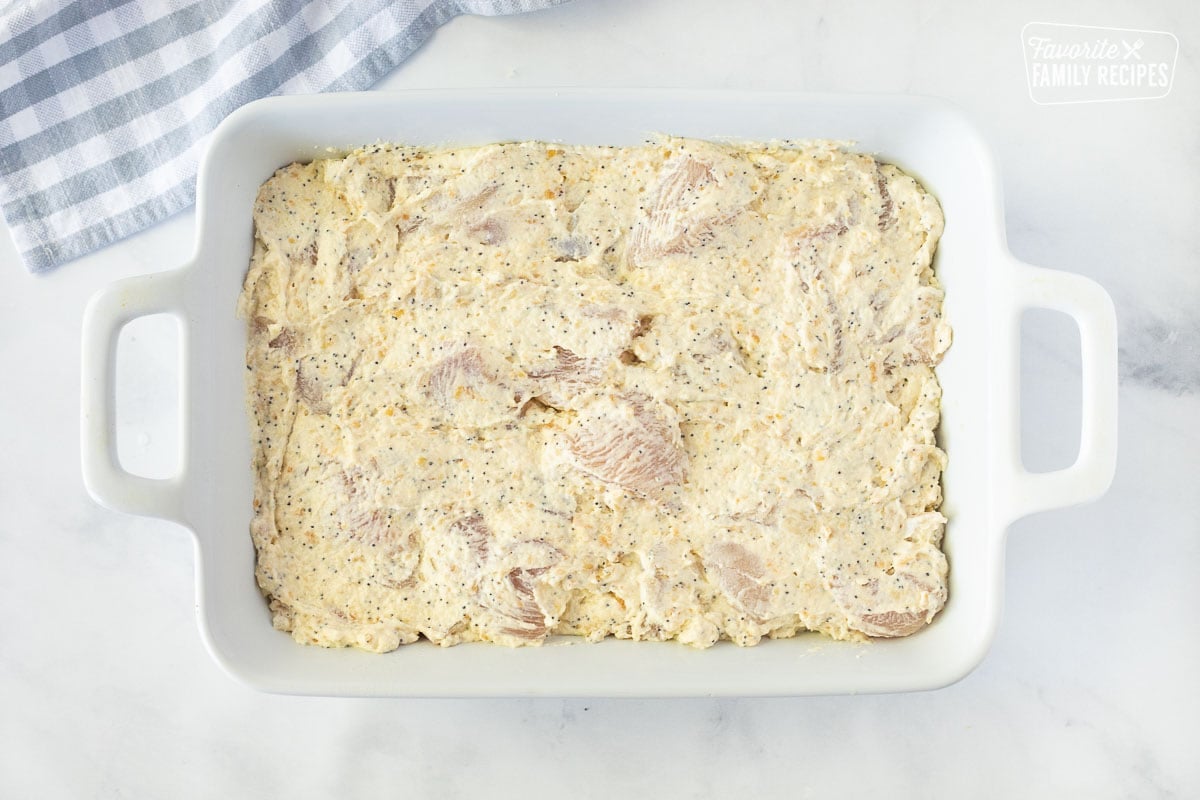 Baking dish with Poppy Seed Chicken mixture.