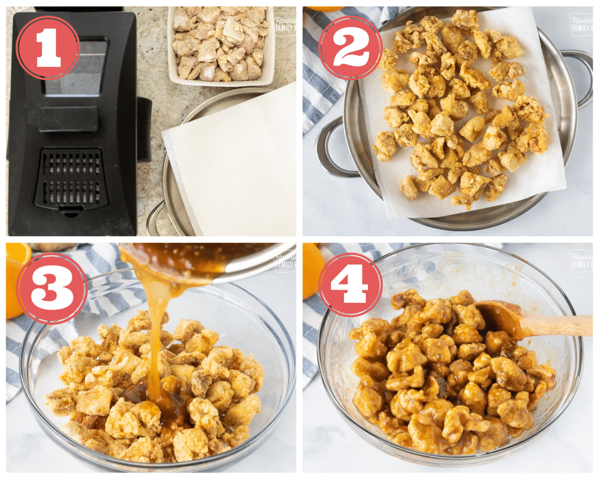 Four collage photos with steps to making orange chicken. 