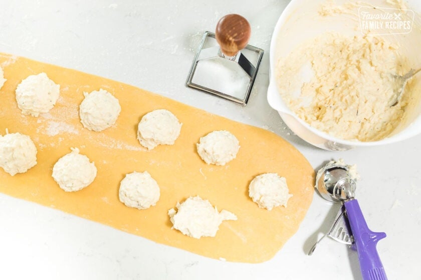 A sheet of pasta with dollops of cheese filling over the top