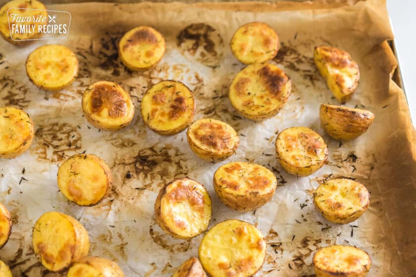 roasted baby potatoes on a baking sheet