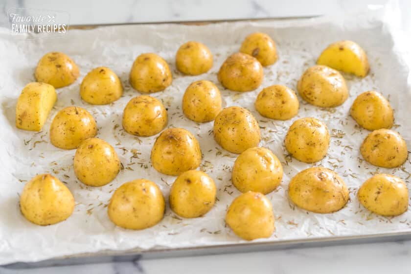baby potatoes on a baking sheet