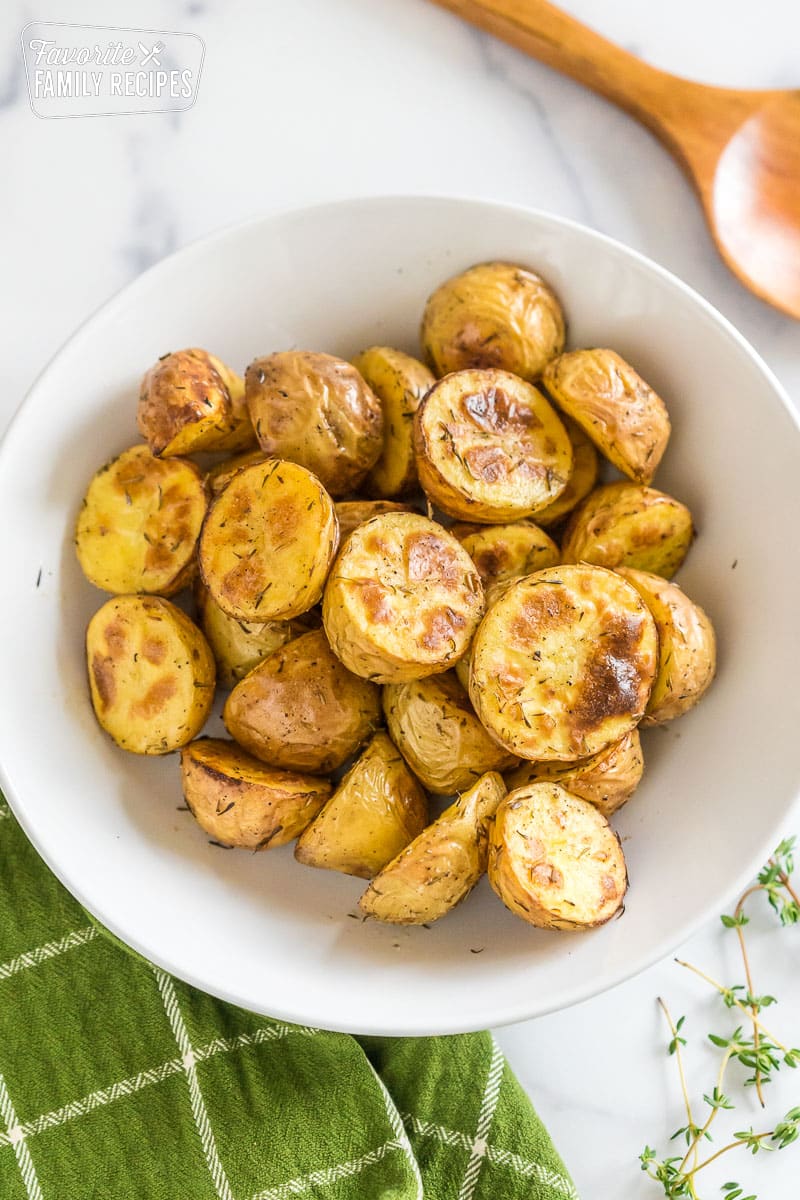 Roasted baby potatoes in a bowl.