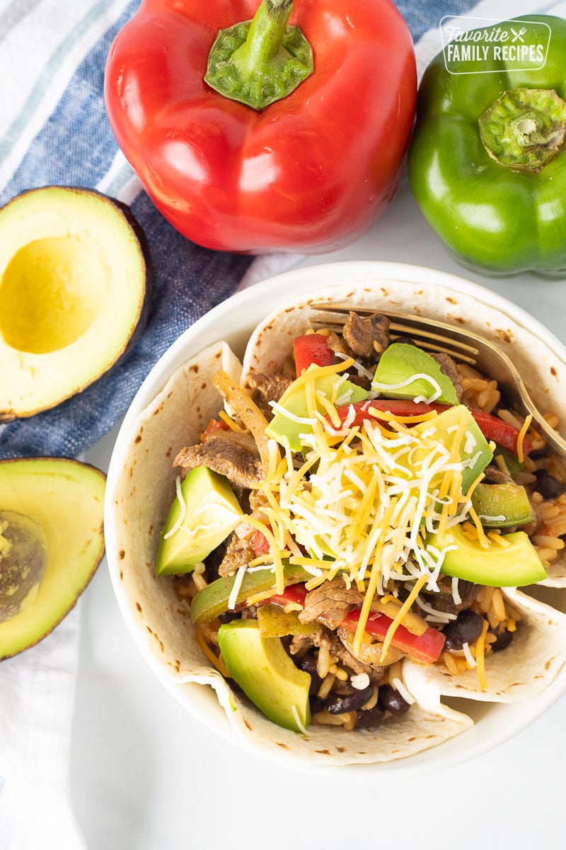 Steak Steak Fajita Bowl with a fork.