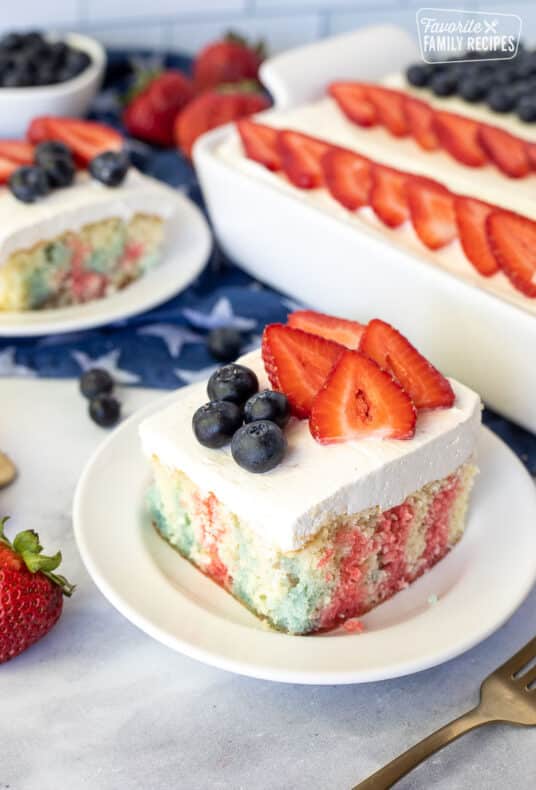 Red and blue 4th of July Cake slice on a plate with strawberries and blueberries on top.