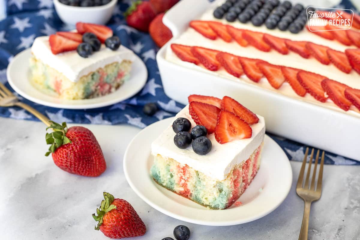 4th of July Cake with red and blue Jello topped with frosting, strawberries and blueberries.