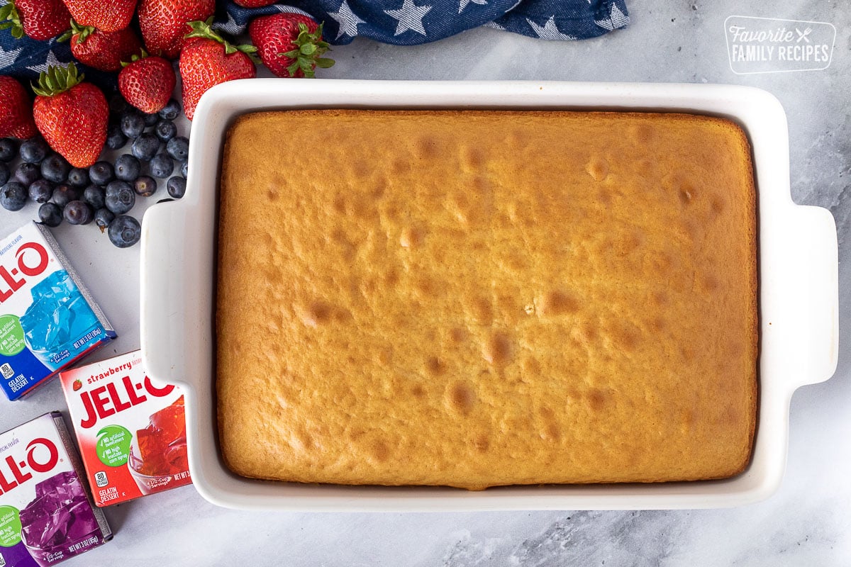 Baked cake in a baking dish for 4th of July Cake.