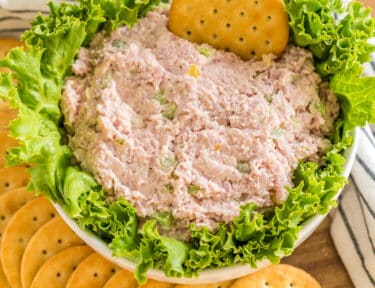 Ham salad in a bowl with lettuce and crackers