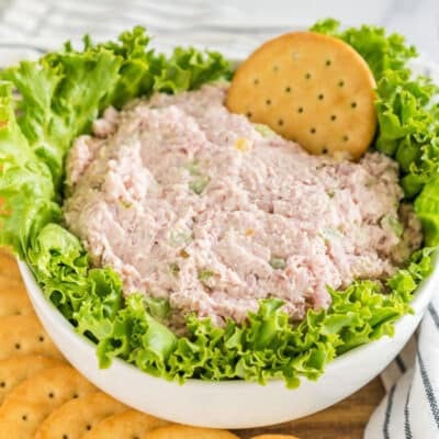 Ham salad in a bowl with lettuce and crackers