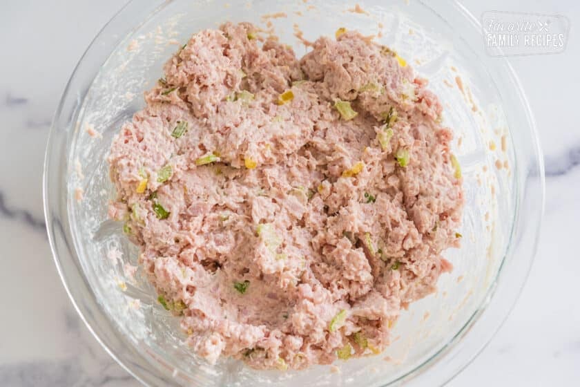 Ham salad in a large glass bowl