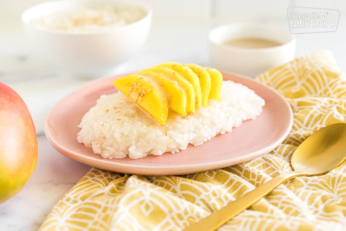 Mango Sticky Rice on a pink plate