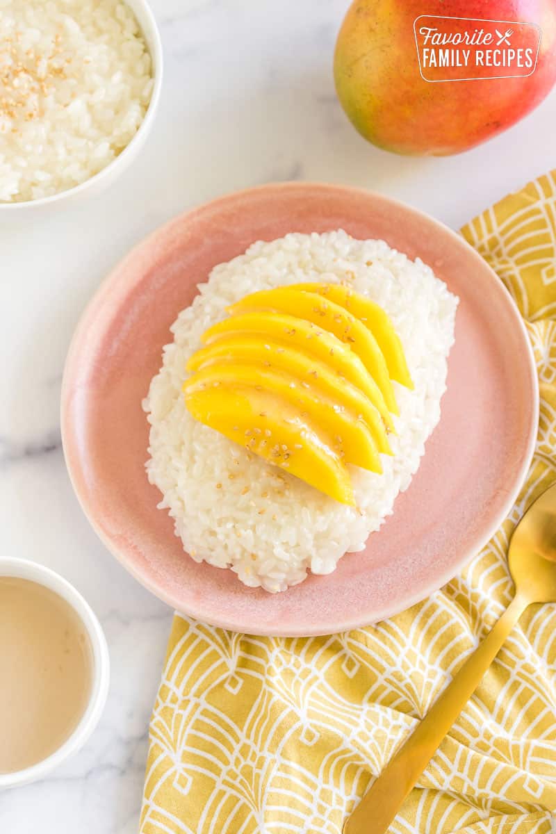 Mango Sticky Rice on a pink plate.