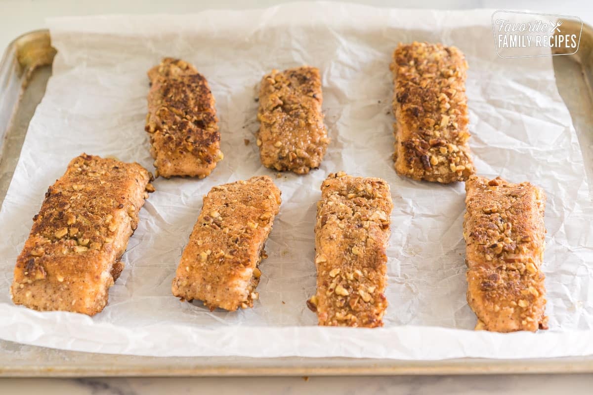 Pecan Crusted Salmon on a baking sheet