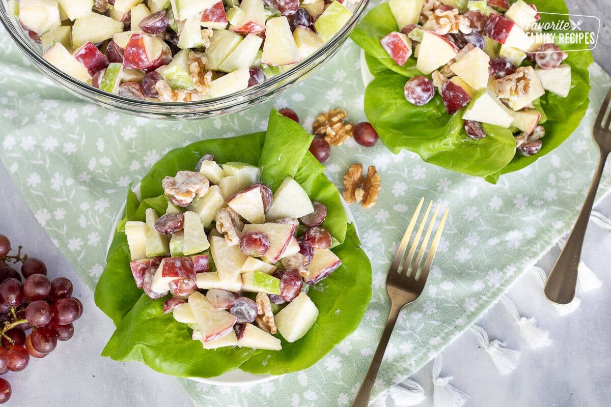 Serving Waldorf Salad on lettuce for holiday side dish.