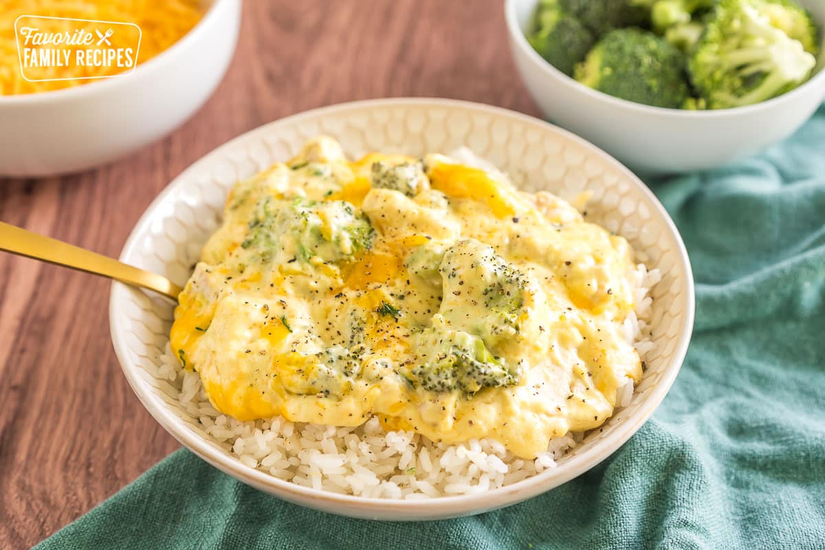 Chicken Divan in a bowl over rice