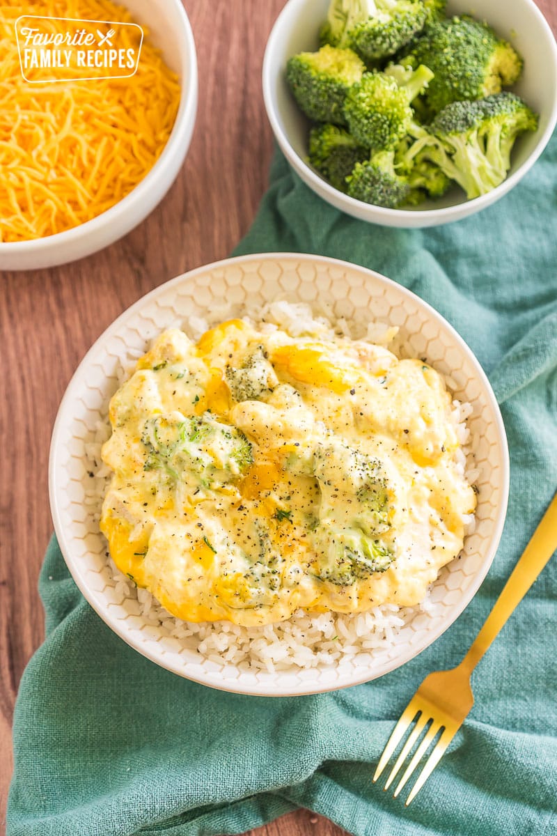 Chicken Divan in a bowl over rice