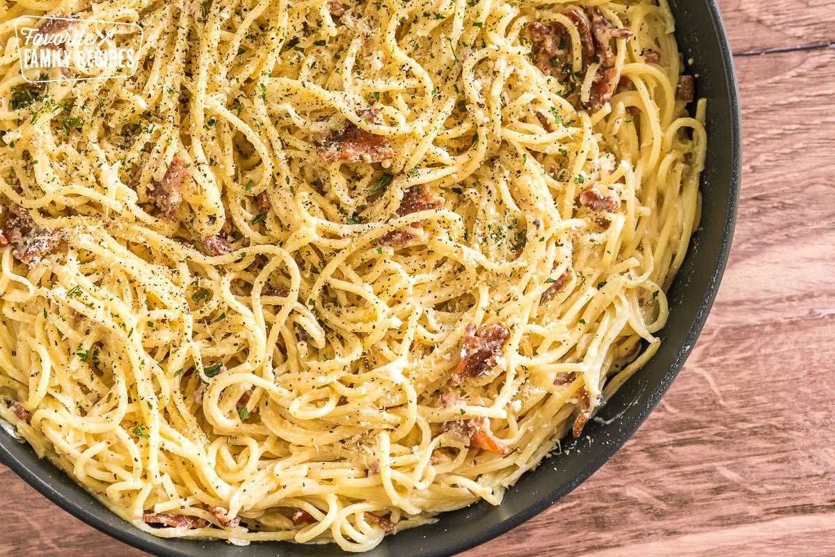 Creamy Carbonara in a pan.