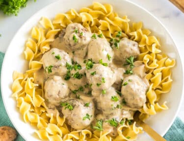A bowl of easy meatball stroganoff