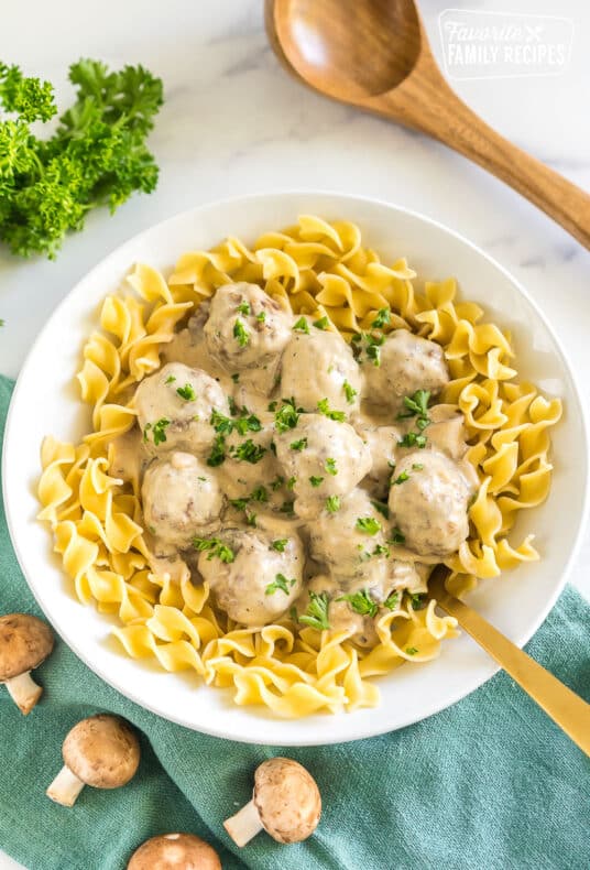 A bowl of easy meatball stroganoff