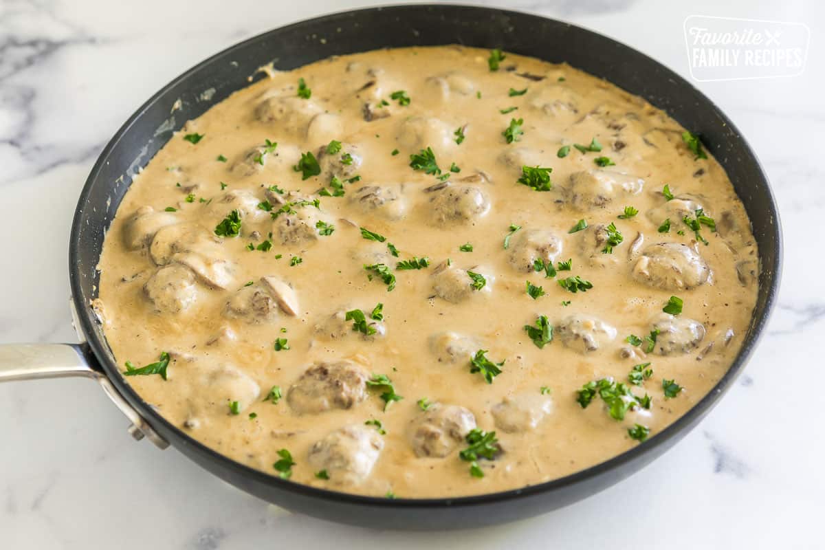 Easy Meatball Stroganoff in a skillet