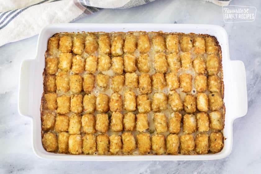 Baked Tater Tot Casserole in a baking dish.