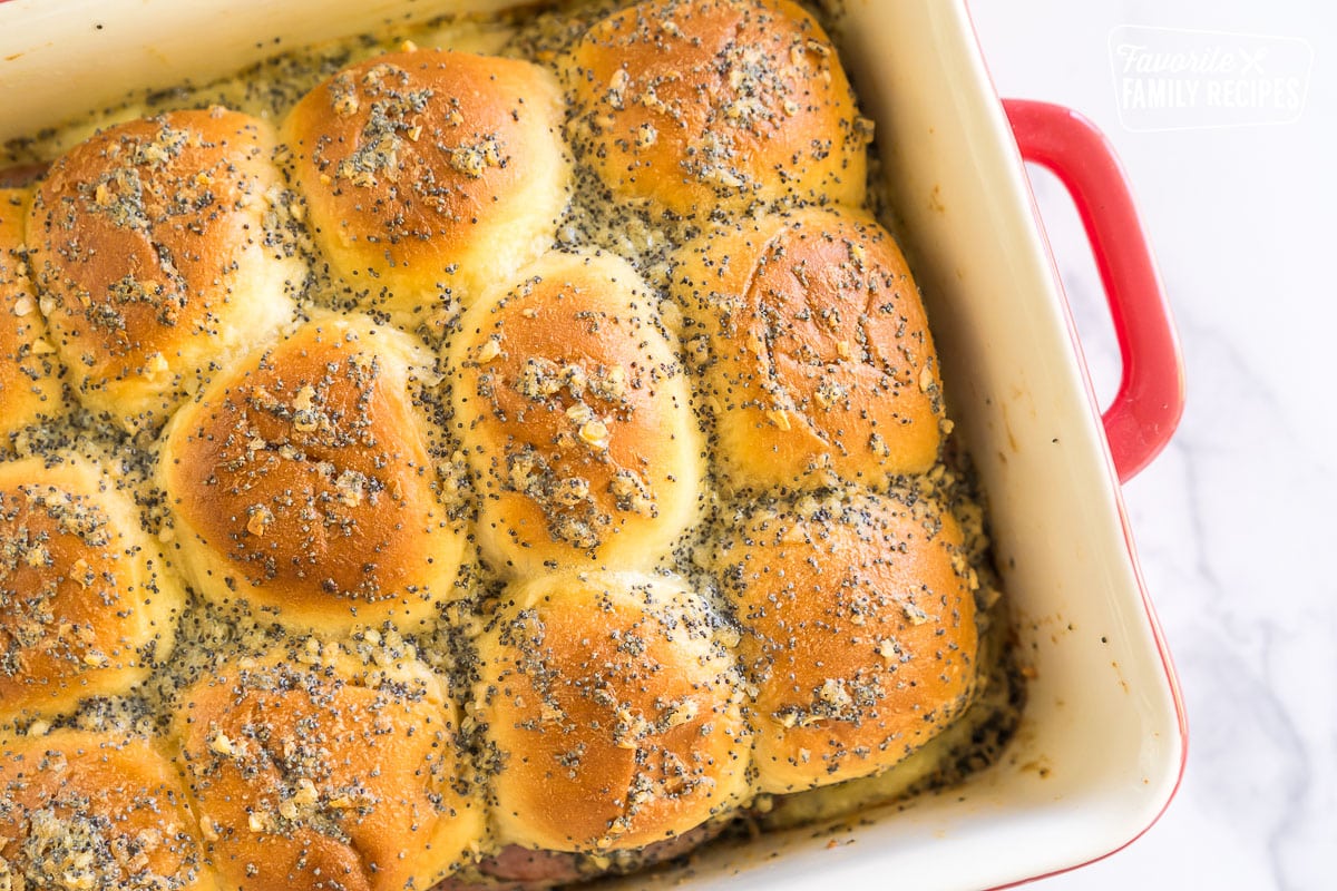 Rolls with buttery topping in a baking dish