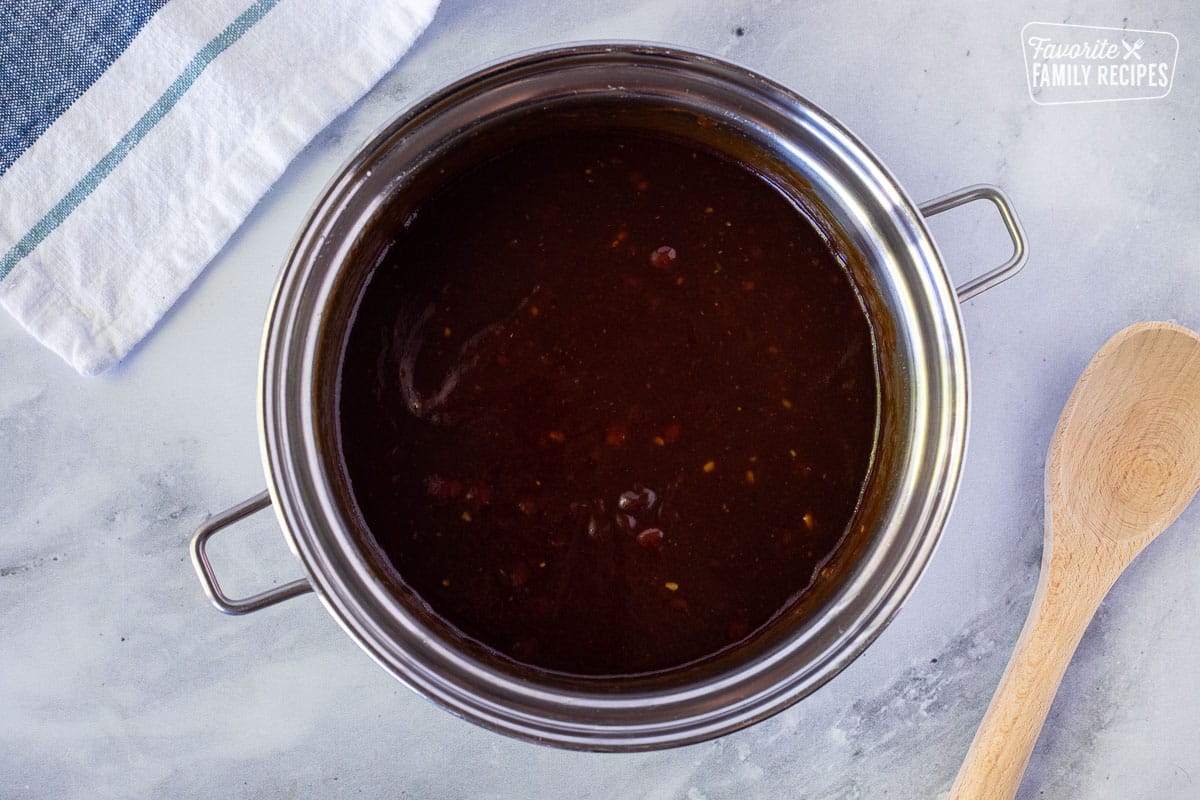 BBQ sauce in pan for Honey BBQ Chicken.