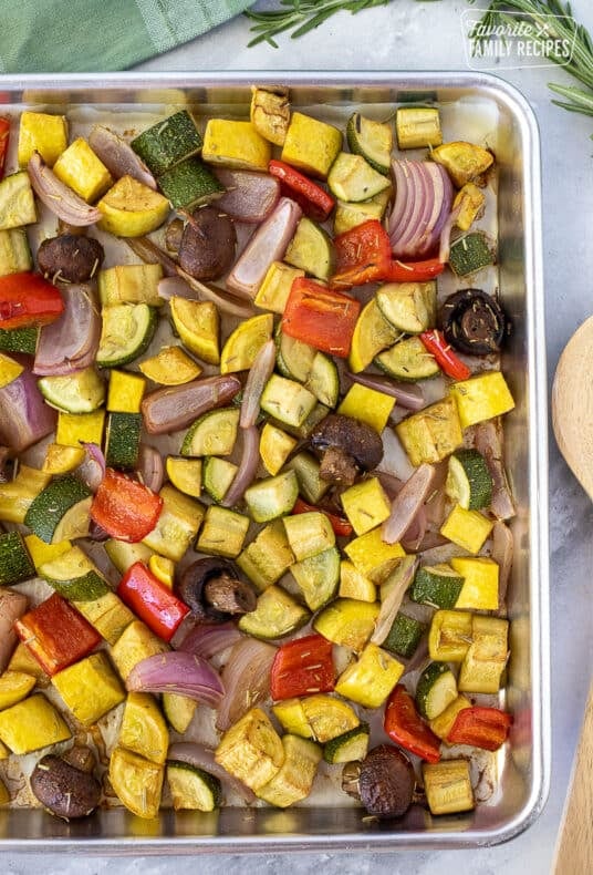 Colorful variety of Oven Roasted Vegetables on a sheet pan.