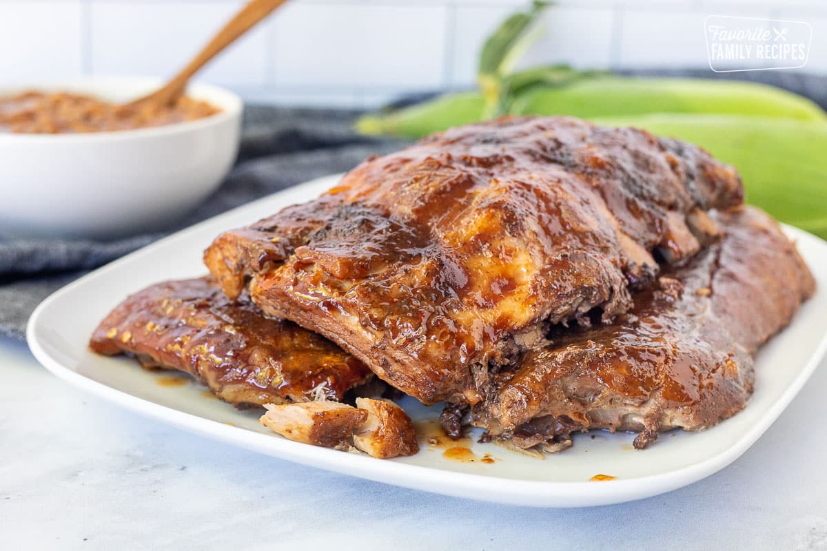 Platter of three sections of Crock Pot Ribs.