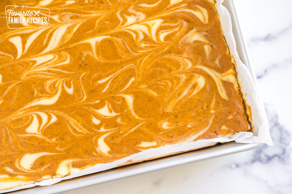 Pumpkin Cheesecake Bars right out of the oven