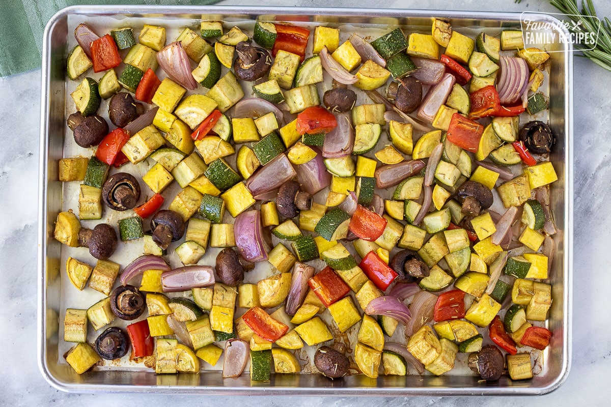 Oven Roasted Vegetables on a sheet pan.