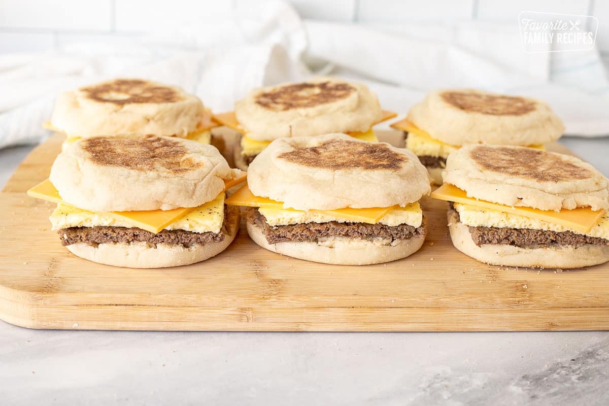 Six Freezer Breakfast Sandwiches ready to be bagged or microwaved.