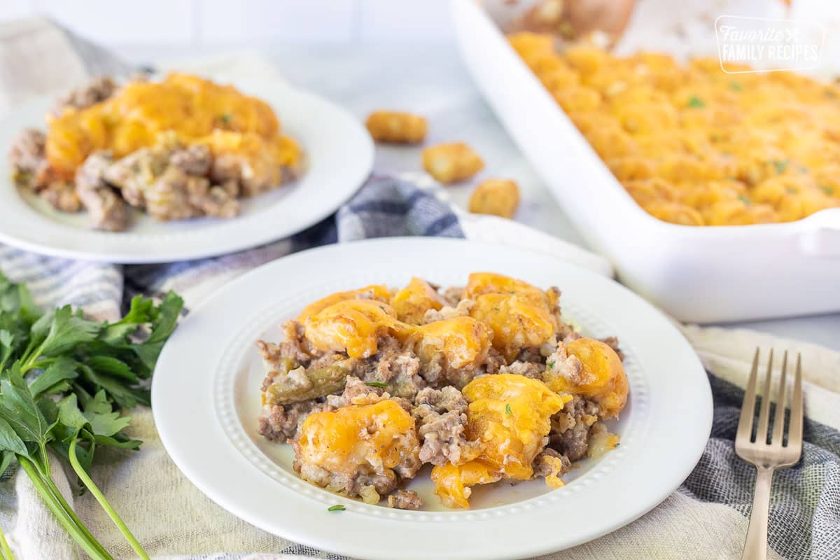 Two plates of. Tater Tot Casserole.