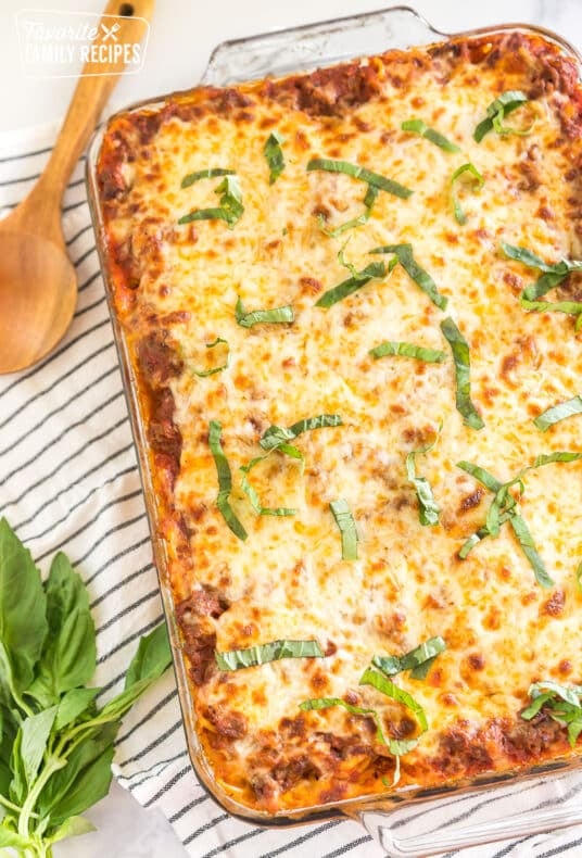 spaghetti casserole in a glass baking dish