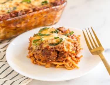 A serving of spaghetti casserole on a plate