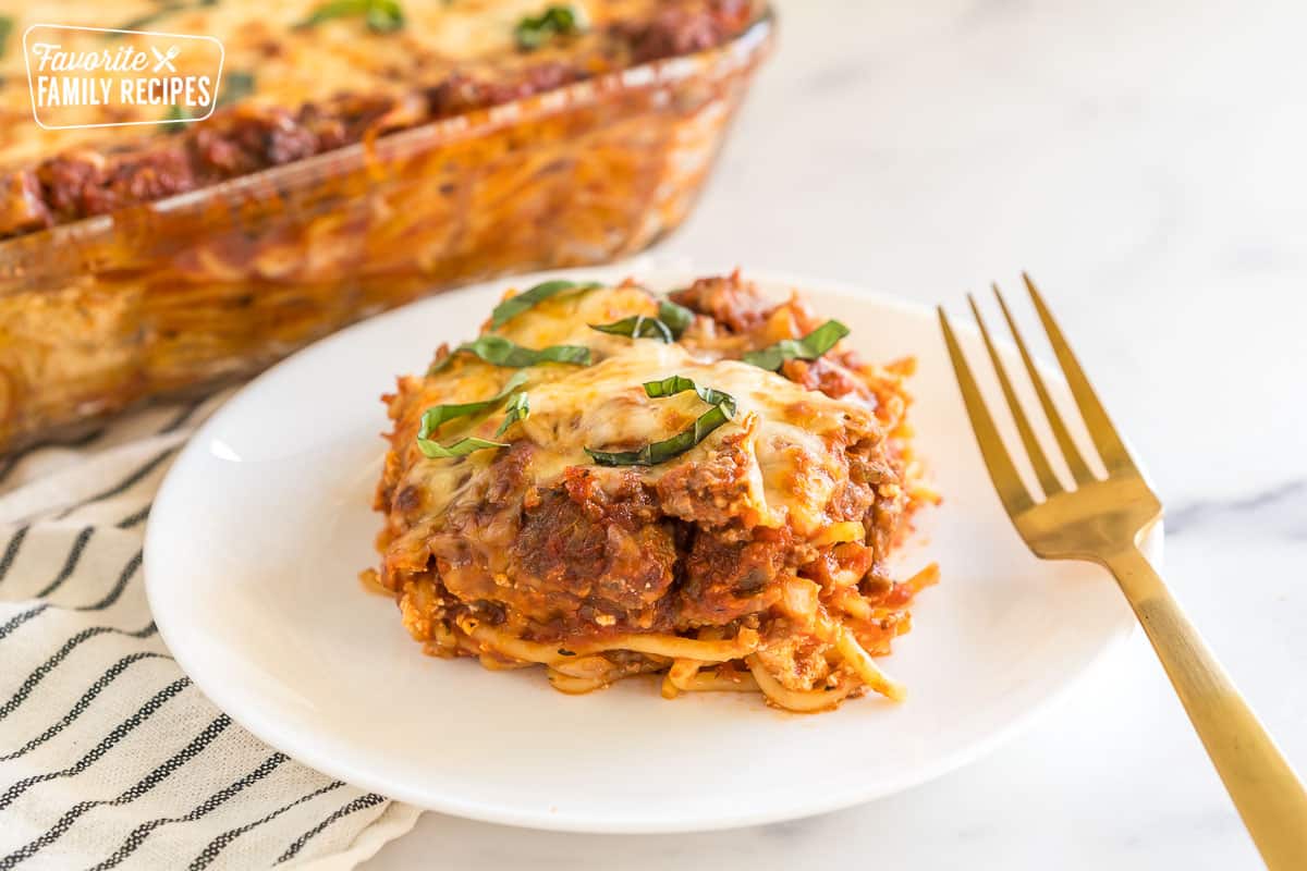 A serving of spaghetti casserole on a plate.