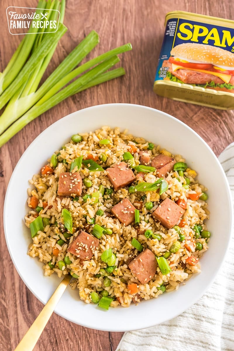 Spam fried rice in a bowl