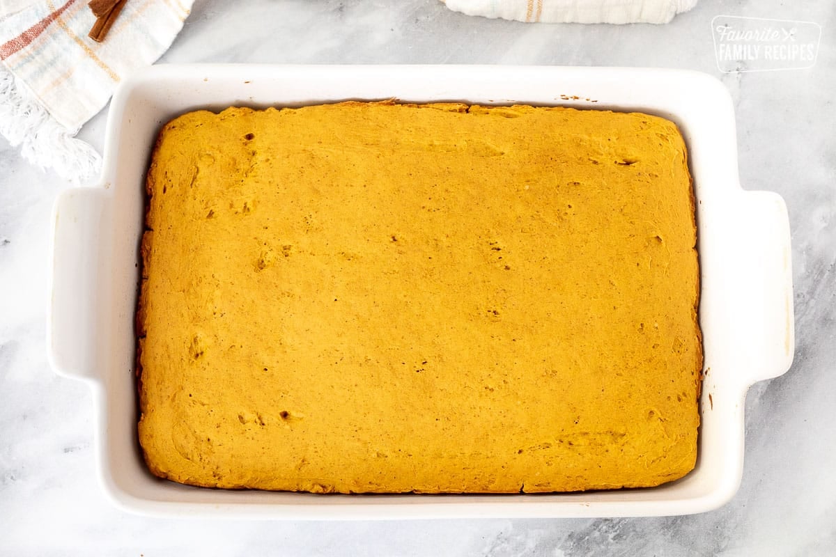 Baked Pumpkin Cake in a baking dish.