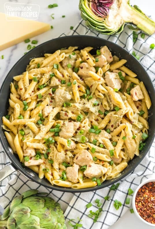 Chicken Artichoke Pasta in a skillet