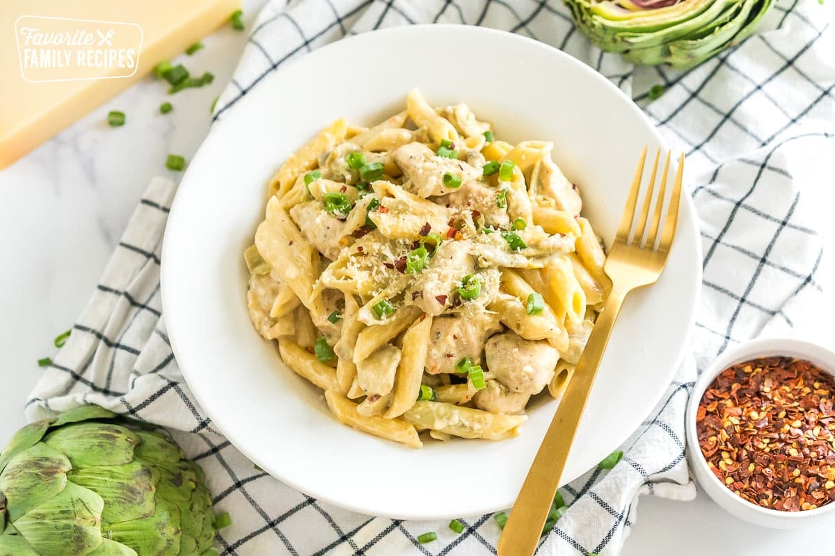 Chicken Artichoke Pasta in a bowl.