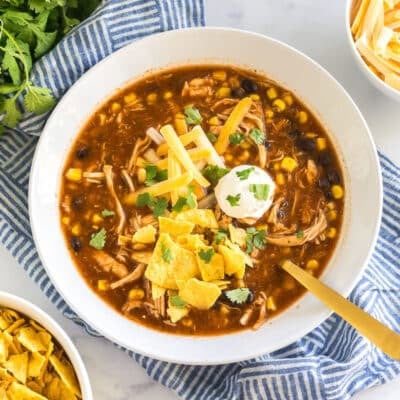 chicken taco soup in a bowl topped with sour cream, cheese, and tortilla chips