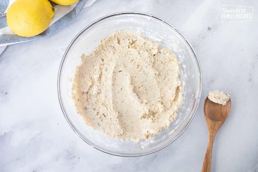 Mixing bowl with crust ingredients for Baked Mahi Mahi with Parmesan Crust.