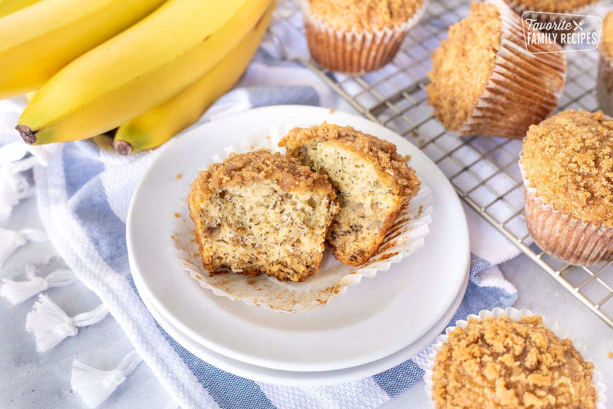 Cut open Healthy Banana Muffin on a plate.