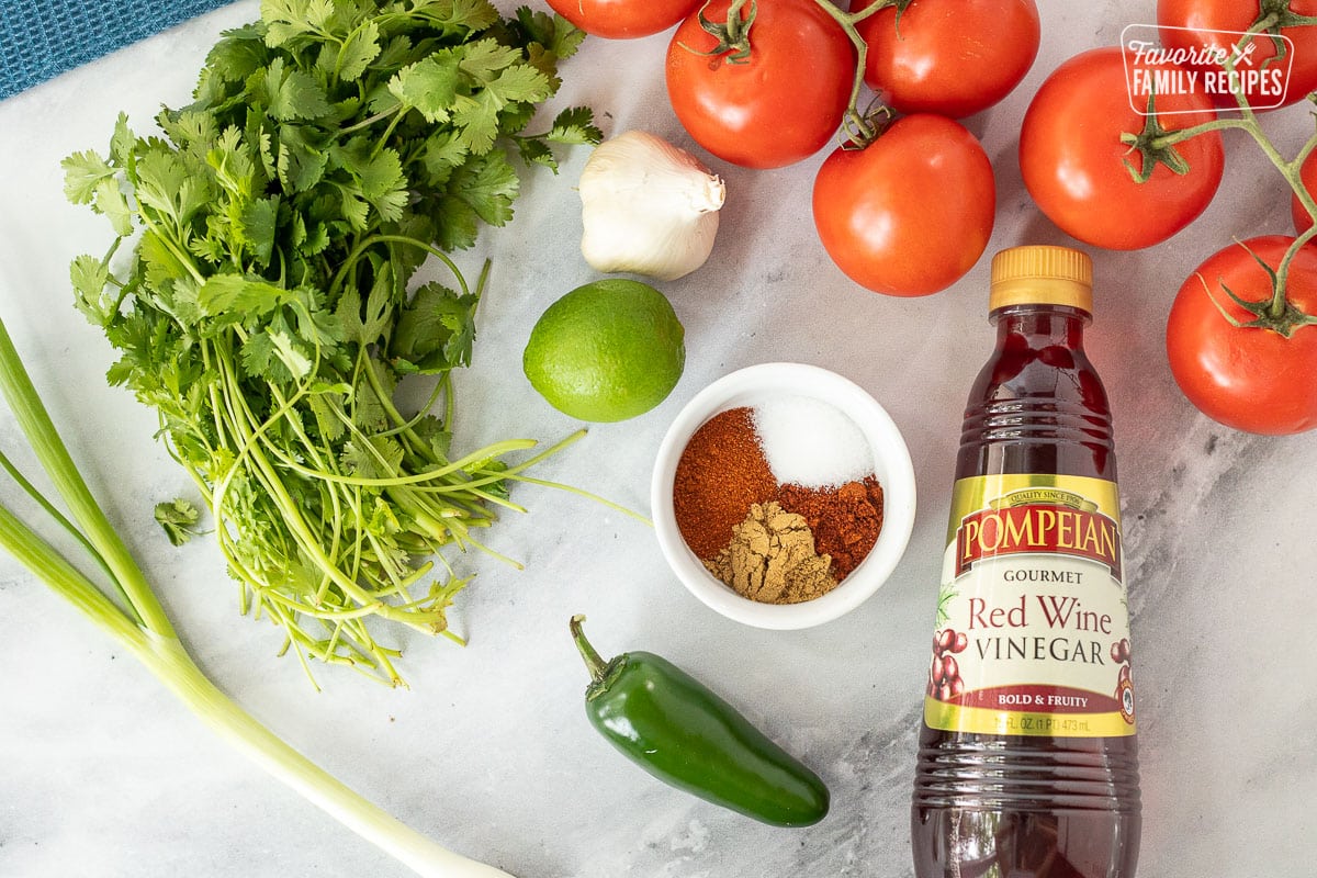Ingredients to make Homemade Salsa including fresh tomatoes, cilantro, green onion, lime, garlic, jalapeño, spices and red wine vinegar.